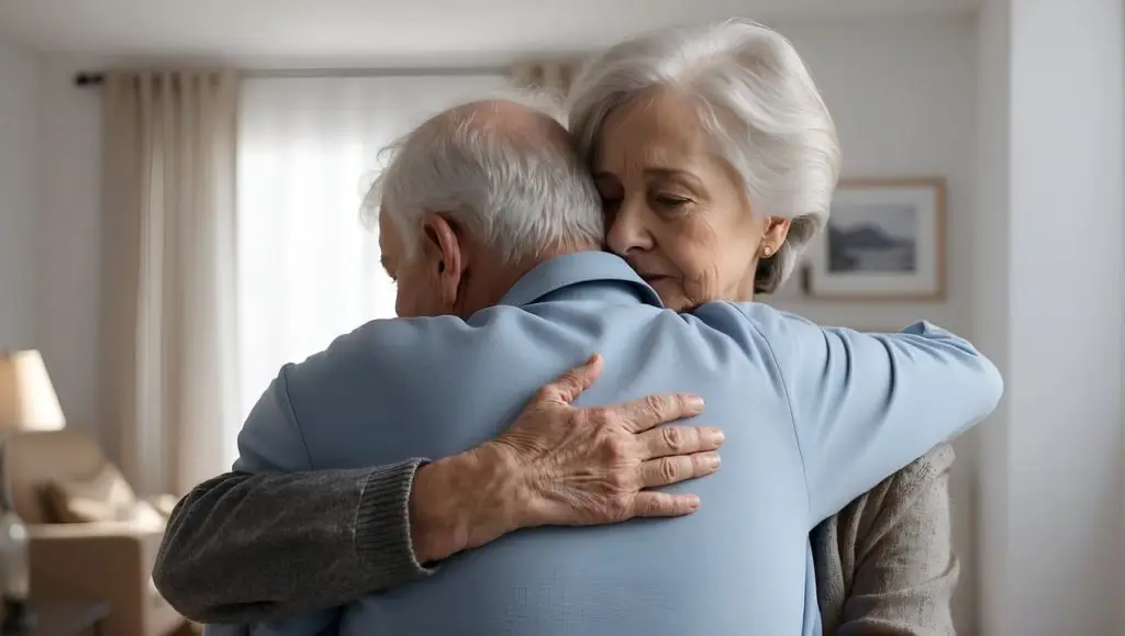 elderly people hugging